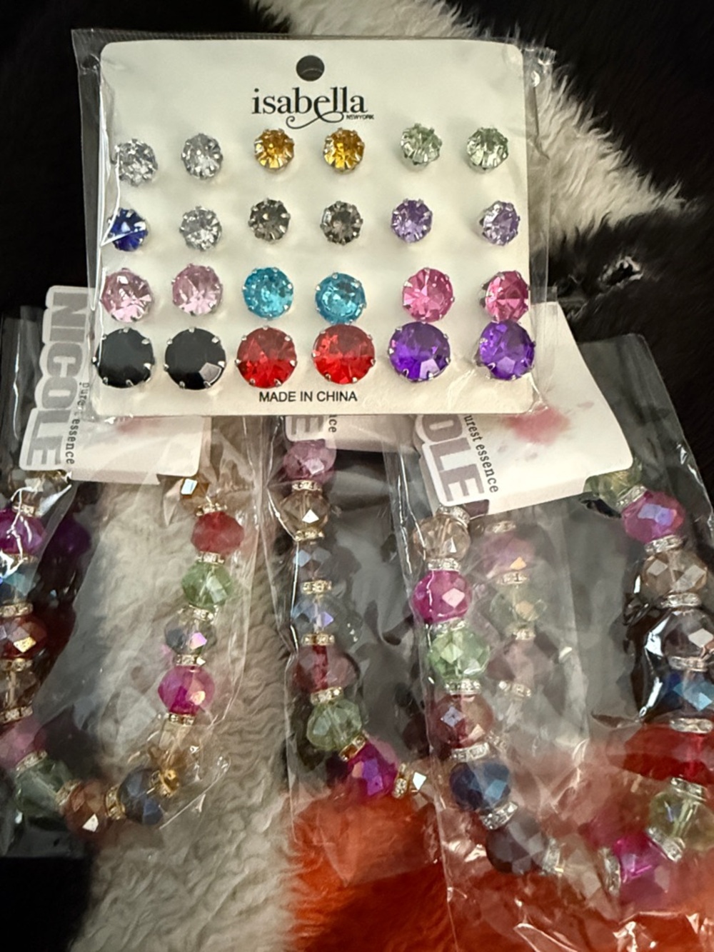 Set of 4 Jewelry Pieces. 3 Bracelets & Multicolor Crystal Stud Earring Set